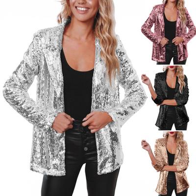 Women's Sequin Jacket Shiny Open Front Blazer Jacket Evening Party Sparkly Long Sleeve Cardigan Coat with Pockets