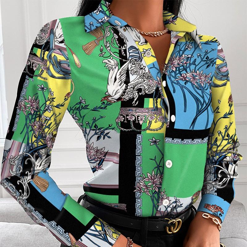 Damen Herbst Locker Langarm V-Ausschnitt Knopf Bedruckte Hemdbluse