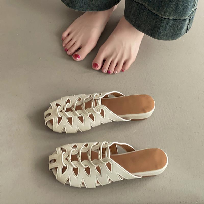 Breathable fashion girls bag head slippers summer retro design hollow sandals with skirt slope heel cool slippers