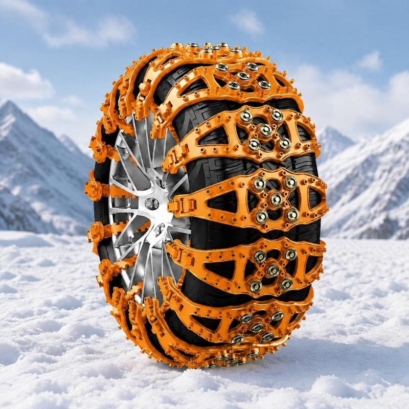 Snow Tire Chains with Individual Over-Tire Sections and Metal Contact Cups for Temporary Roadside Fitting and Use