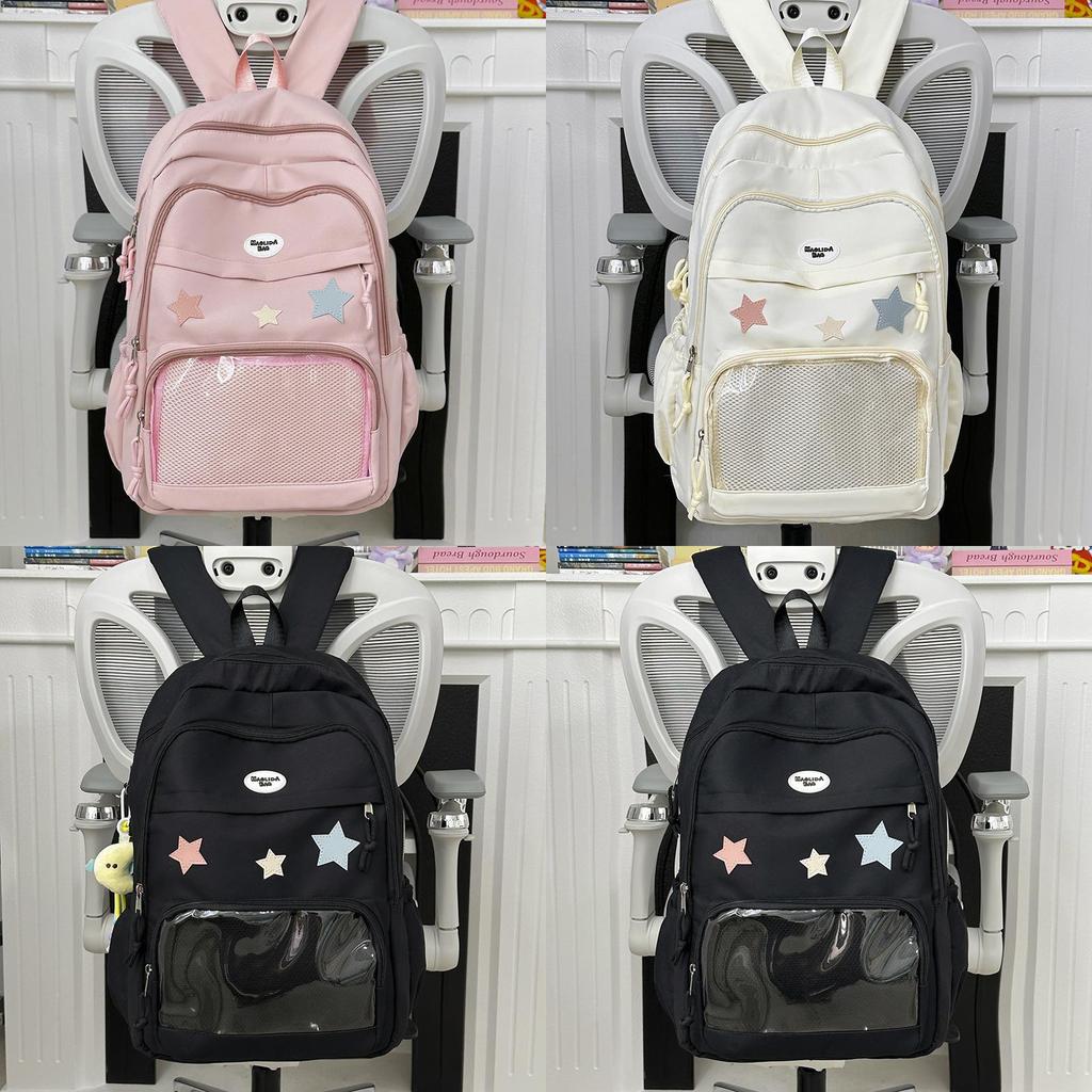 Pain Pack Double Shoulder School Backpack With Transparent Partition And Star Decor For Middle School Students