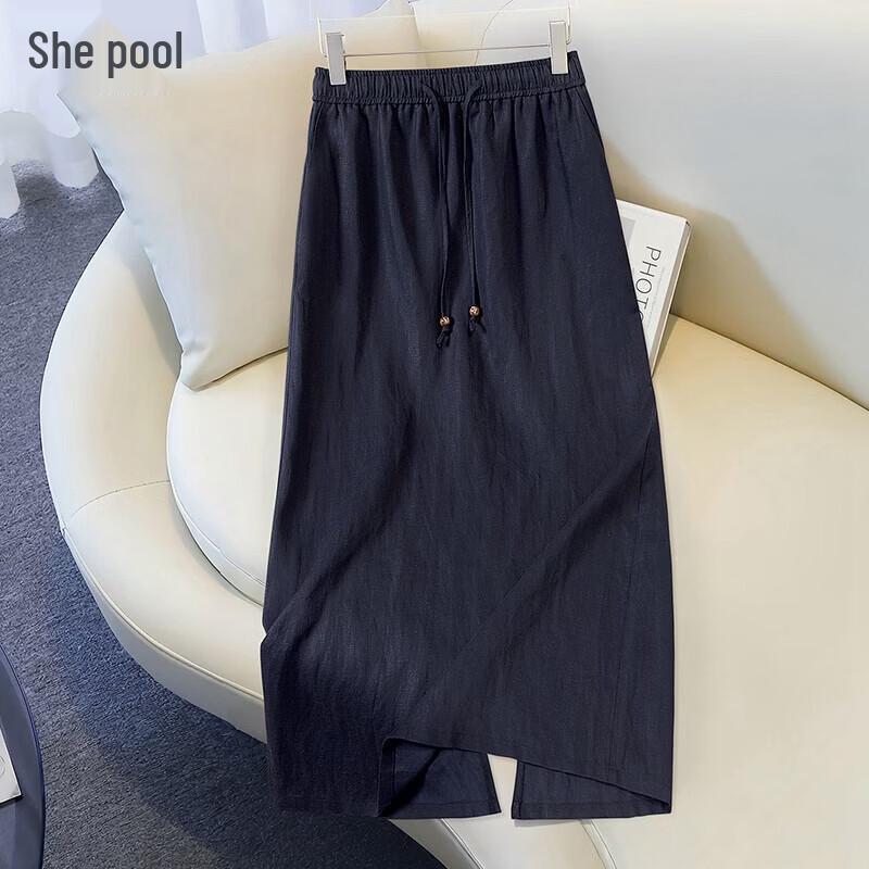 Sheechi Lyocell Linen Blend Elastic Waist Drapey A-line Midi Skirt L
