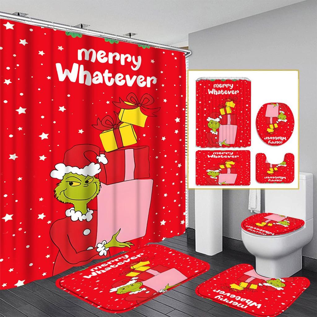 Christmas Green-Haired Pattern Shower Curtain Four-piece Set With 12 Hooks Polyester Waterproof Shower Curtain.