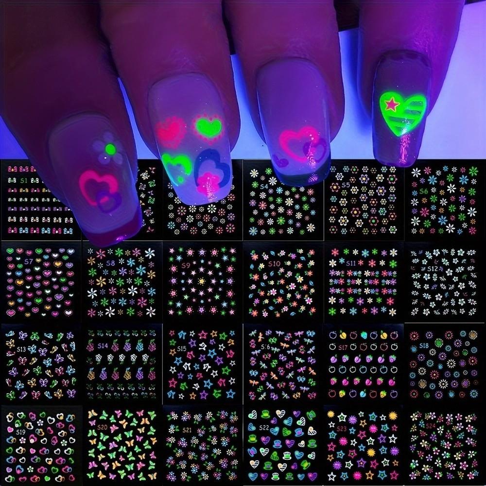 New Glittery 3D Nail Stickers Fluorescence Colorful Neon Nail Stickers Floral Design Glossy Nail Art Decorations for Nail Art