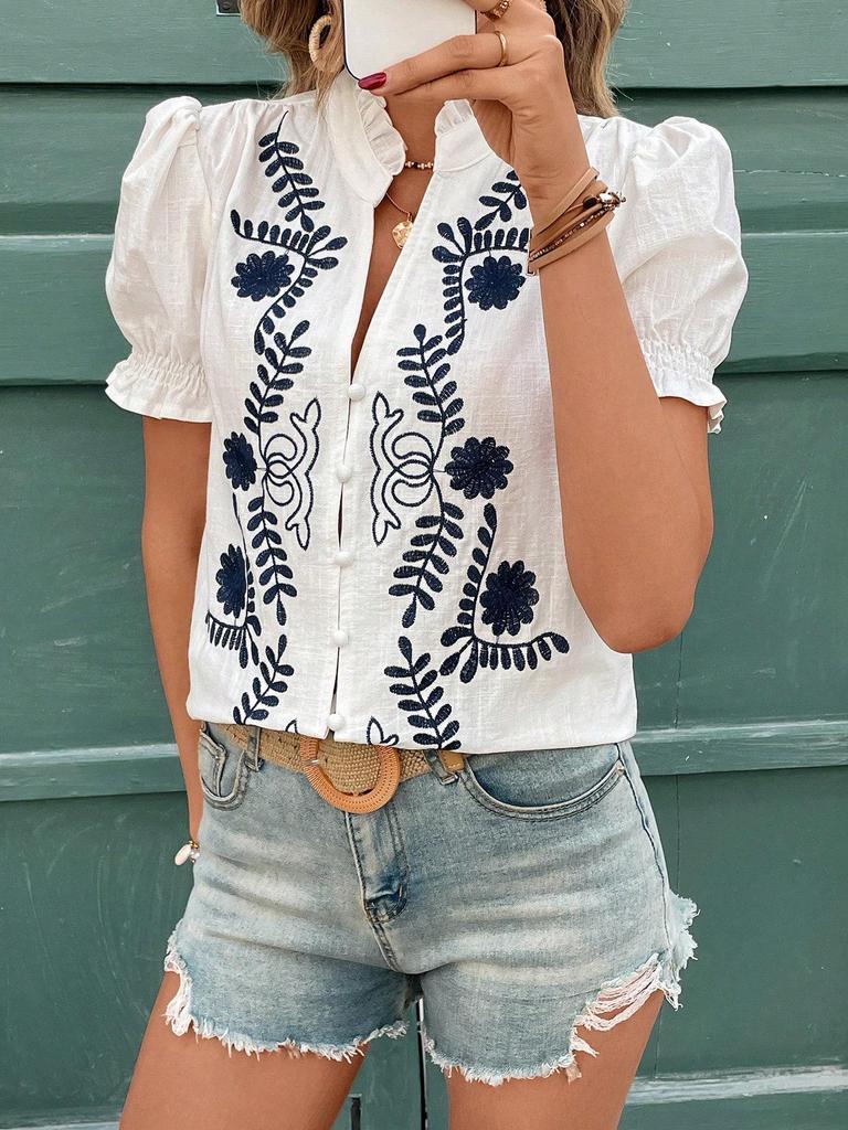 Spring/Summer Women's Puff Sleeve Cotton Embroidered Button Cardigan Top