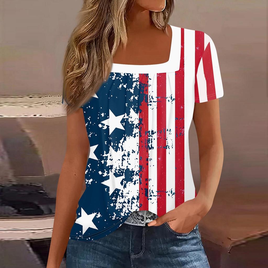 Womens Tops Casual Summer Independence Day Print T Shirts Short Sleeve Square Neck Basic Tee
