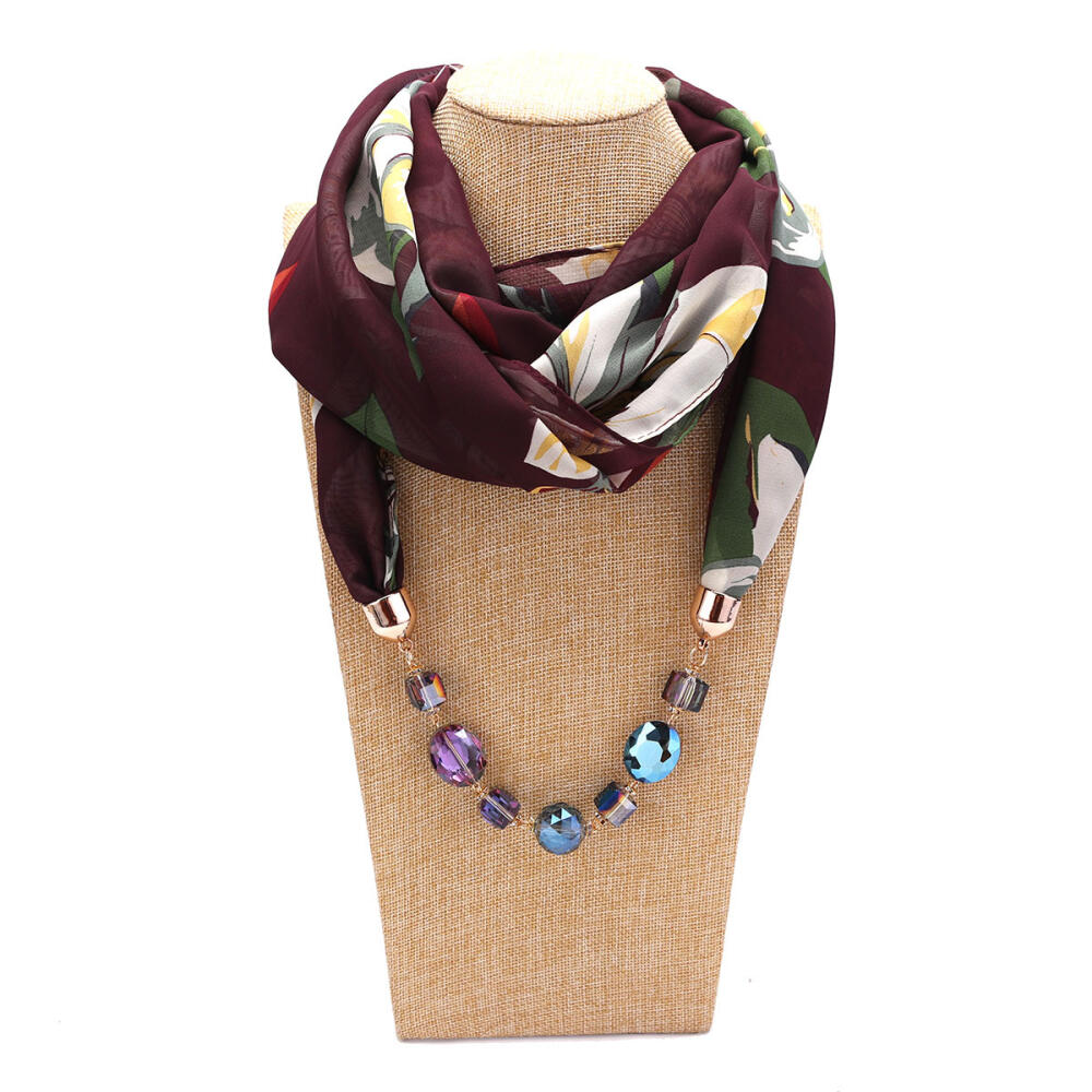 Elegant Chiffon Infinity Scarf with Floral Print & Crystal Beaded Necklace – Women’s Stylish Fashion Accessory