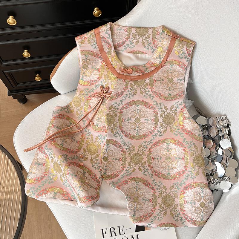 

Жилет жилет высокого класса, жилет с плечевыми пряжками, новый ретро жаккардовый диагональный жаккардовый женский жилет XXXL [Recommended 138-75kg]