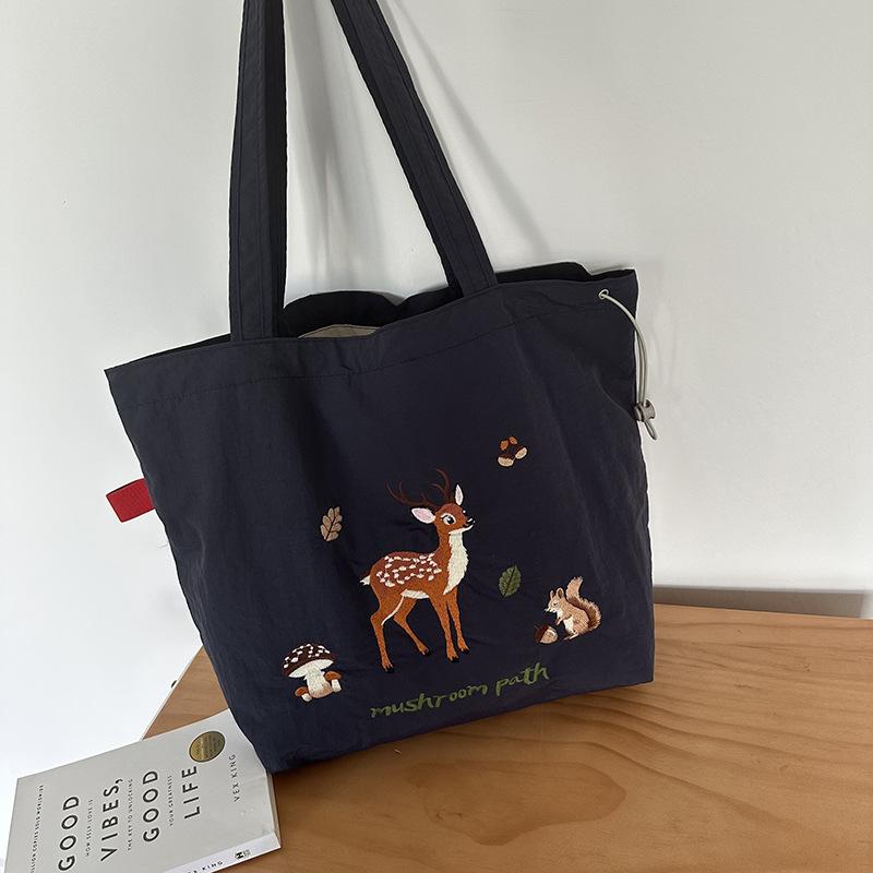 Carto Embroidery Nyl Shoulder Bags for Women Casual Student Ladies Large Capacity Tote Simple Female Drawstring Handbags
