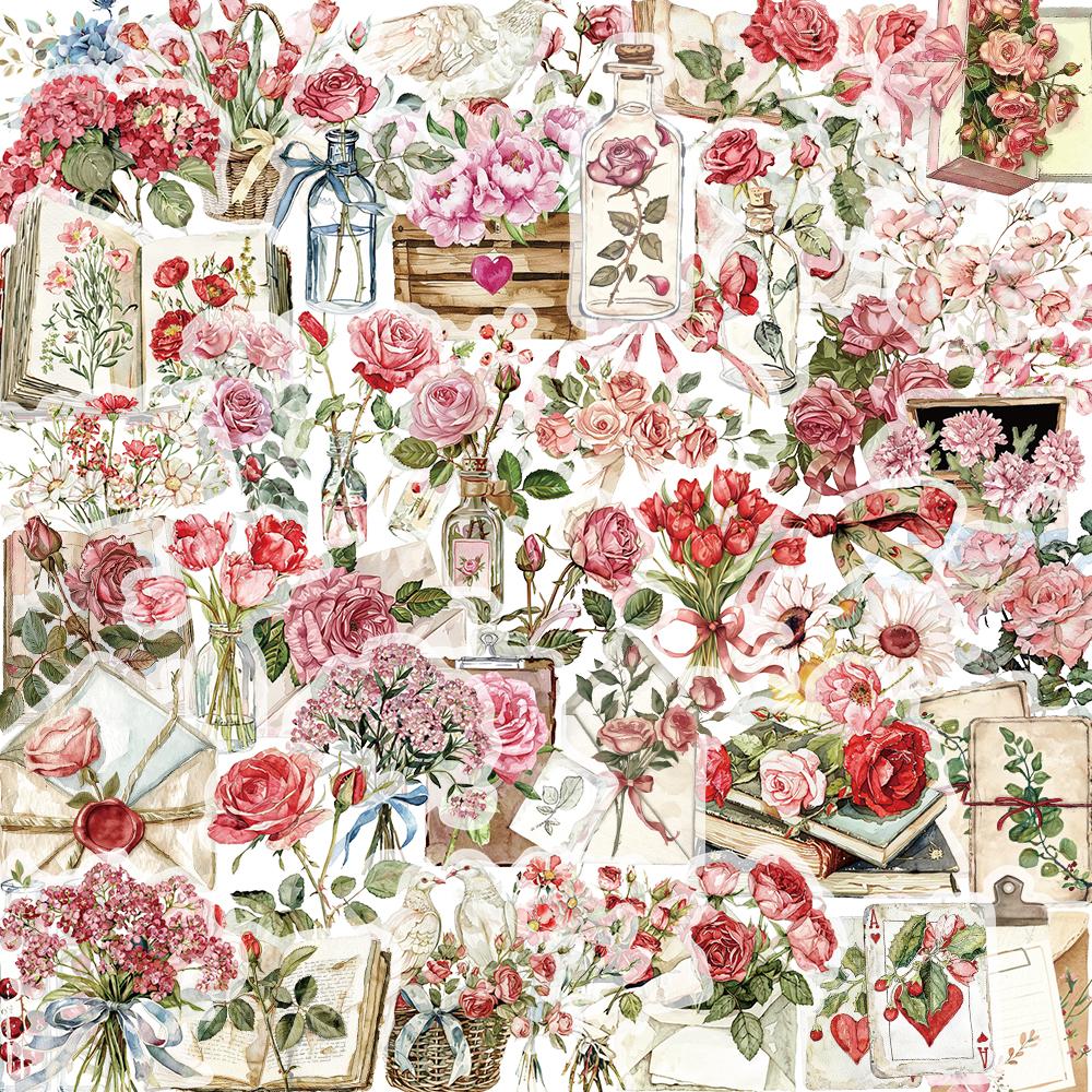 50pcs Floral Stickers Flower Natural Decorative Decals Aesthetic Waterproof PET Sticker for Journaling Notebook Water Bottle