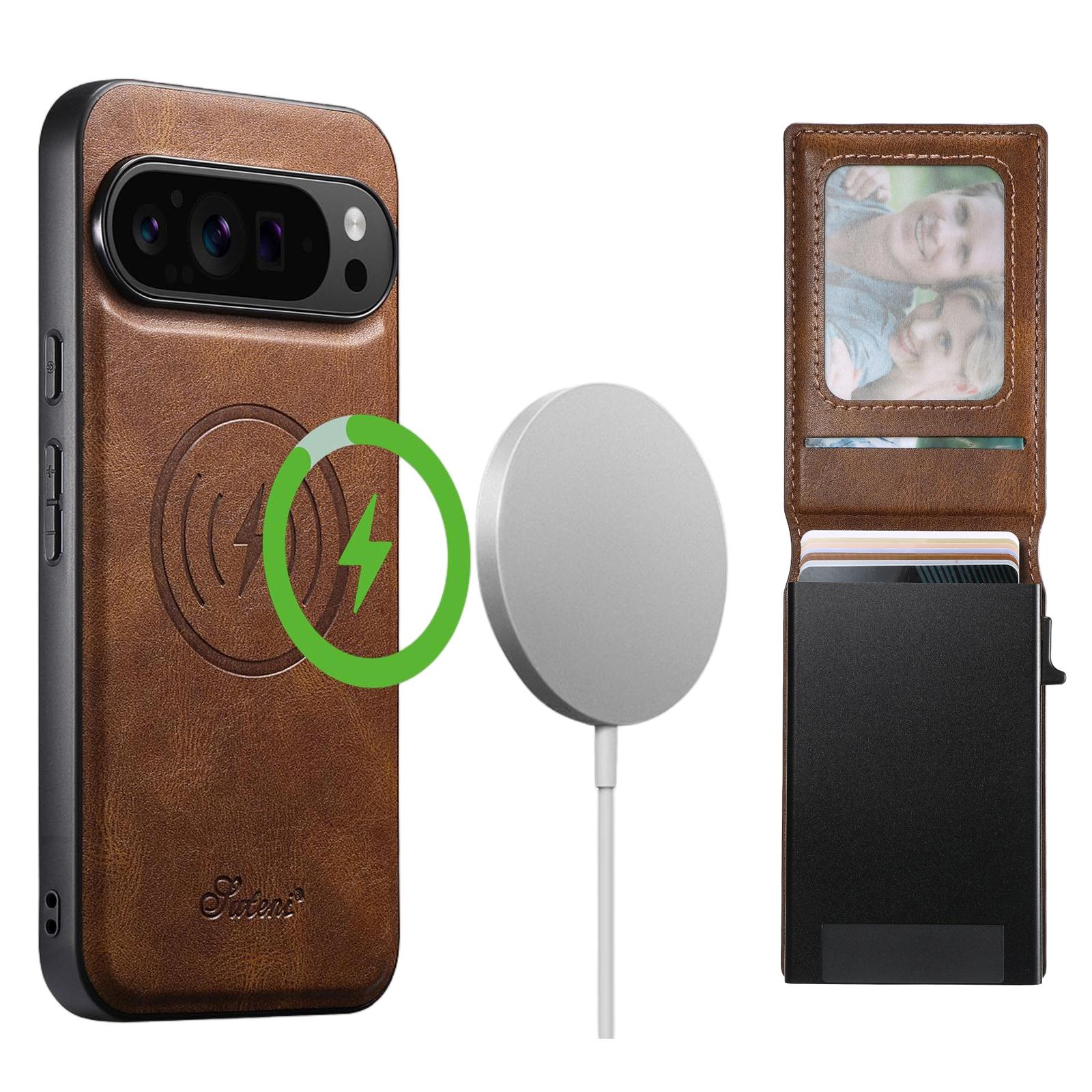 

SUTENI H19 Для Google Pixel 9 Pro XL Магнитный чехол Восковая текстура Слоты для карт Кожаная задняя крышка для телефона Brown