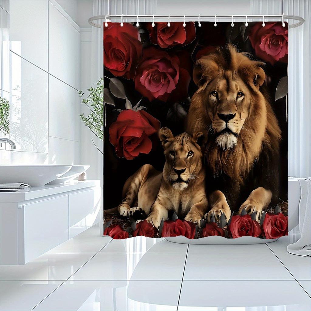 1pc Shower Curtain - Regal Lions with Red Roses in a Dramatic Black Background Design Waterproof