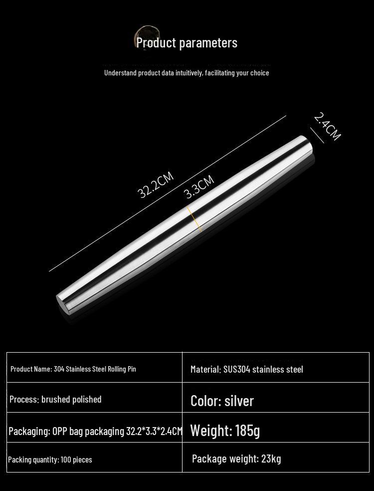 304 Stainless Steel Double-Pointed Rolling Pin for Dumpling and Pasta Baking