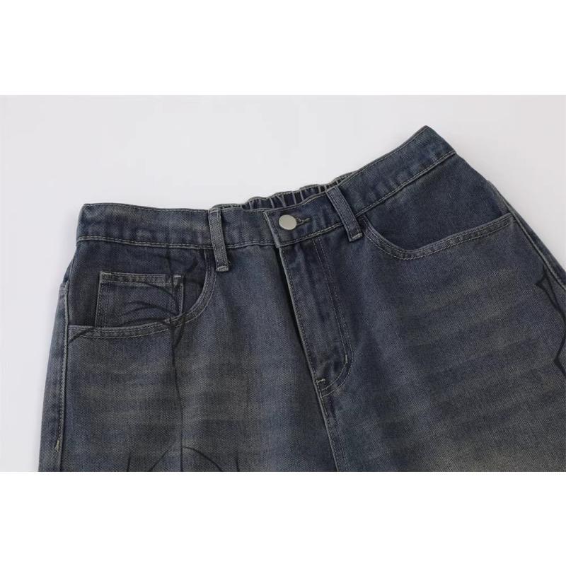 Distinctive Fashion Brand Spider Print Denim Shorts Men's Loose Casual Wash White Pants American Vintage Pants