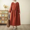 Spring Cotton and Linen Long-sleeved Dress Literary National Style Washed Lace-up Thin Brick Red Women's Dress