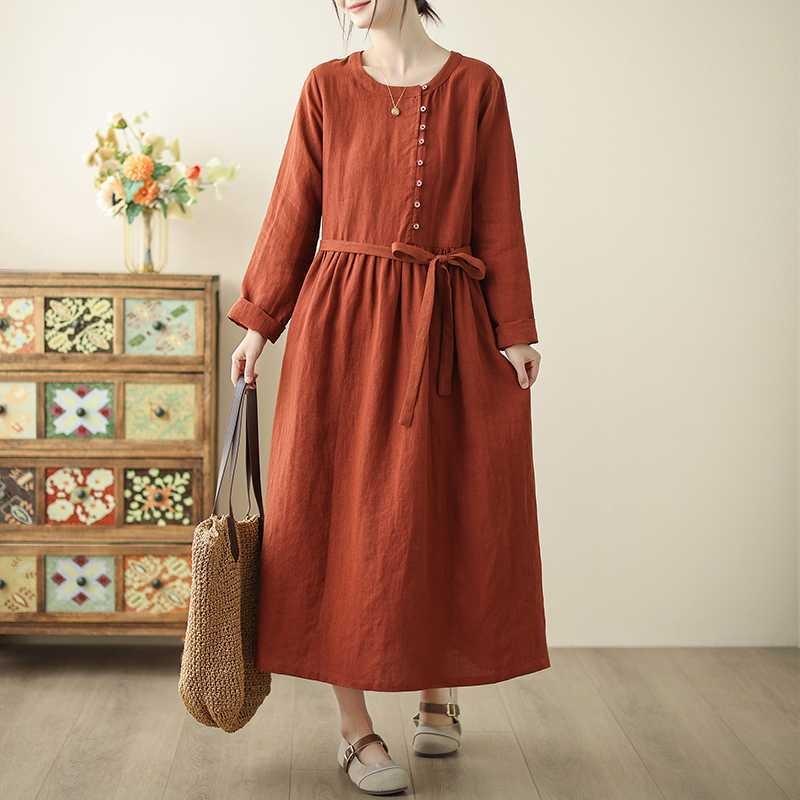 Spring Cotton and Linen Long-sleeved Dress Literary National Style Washed Lace-up Thin Brick Red Women's Dress
