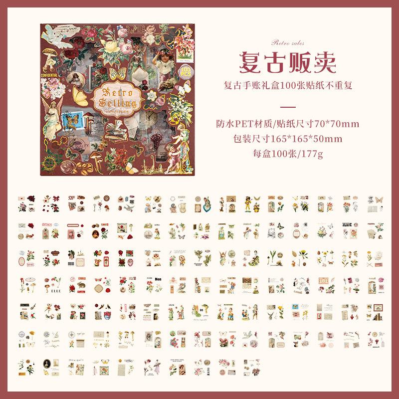 100pcs Large Box Stickers Vintage Butterfly Flowers Plant Decorative Adhesive Diy Scrapbooking Material Junk Journal Supplies