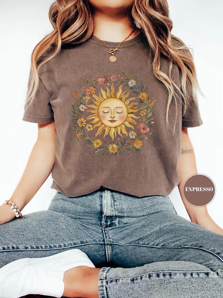 Boho Spiritual Sun Cute Bohemian Comfort TShirt Vintage Women Hippy Floral Outfit Apparel Trendy Y2K Casual Daily Streetwear