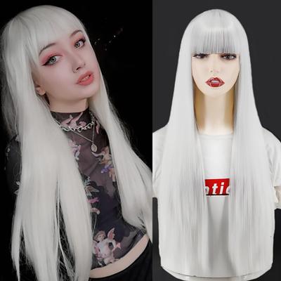 Women Long Straight Silver Wig with Bangs Black Silver Brown Ombre Color Synthetic Fiber Wig for Women