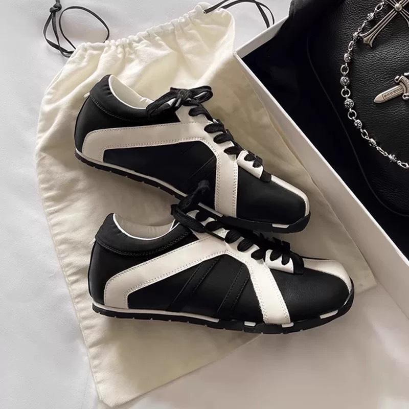 Red German training shoes women's 2025 new leather square head color matching zebra shoes casual sports Forrest Gump shoes