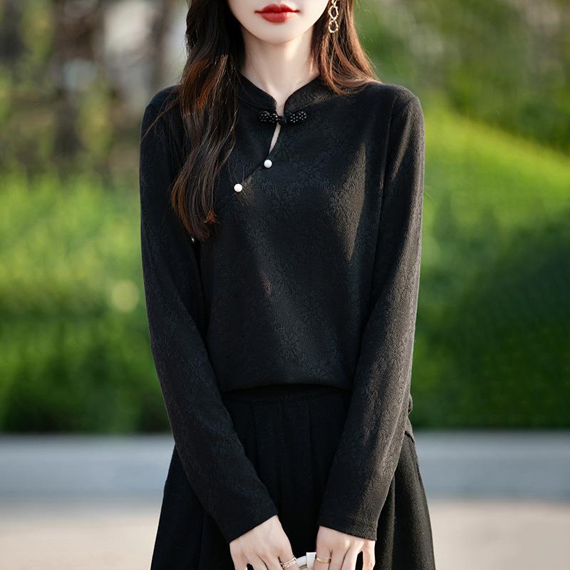 Autumn and Winter New Chinese Plate Button Knitted Top Women's Tops Soft Retro Bottom Shirt