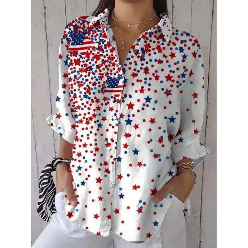 Women's Long-Sleeve Shirt Star-Print Button-Down Collar Fashionable Breathable Shirt Casual Everyday Loose-Fit Versatile Shirt