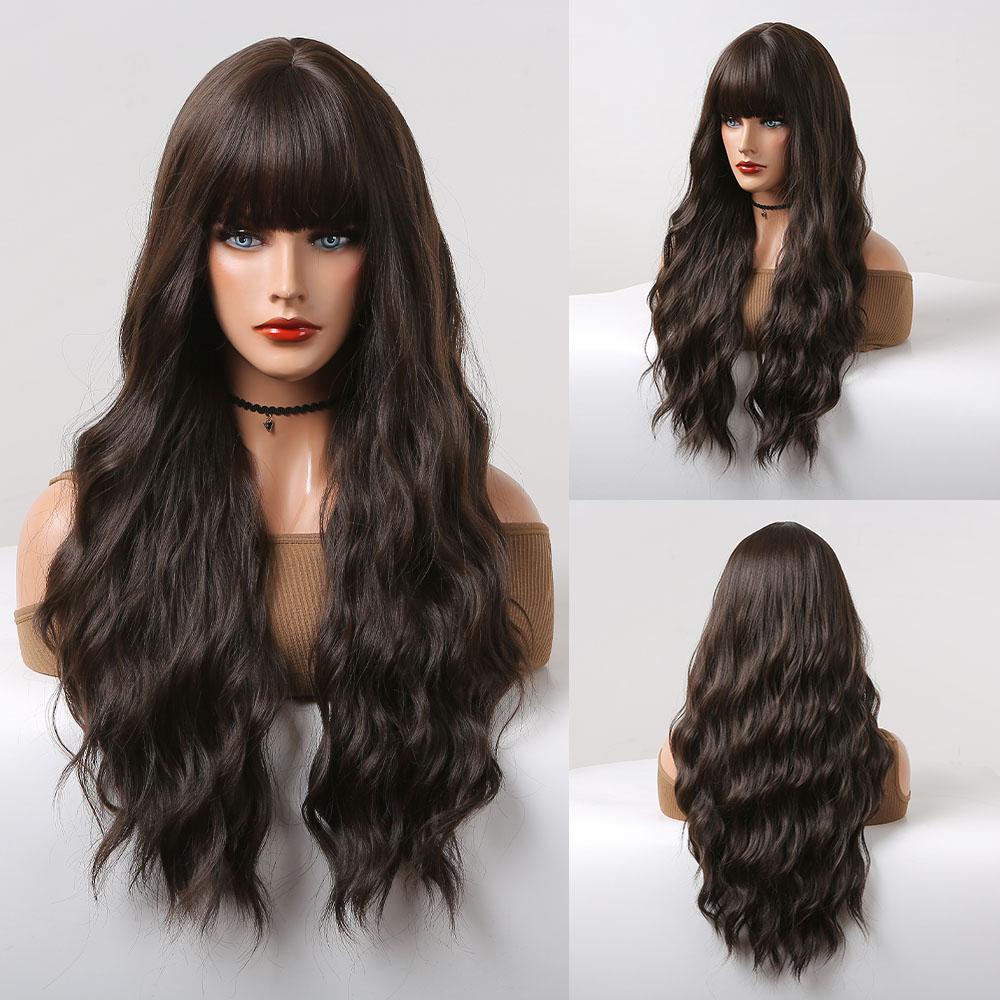 Synthetic Wigs Long Natural Wavy Wig Ombre Brown Golden Highlight Blonde Layered Hair with Side Bangs for Women Heat Resistant