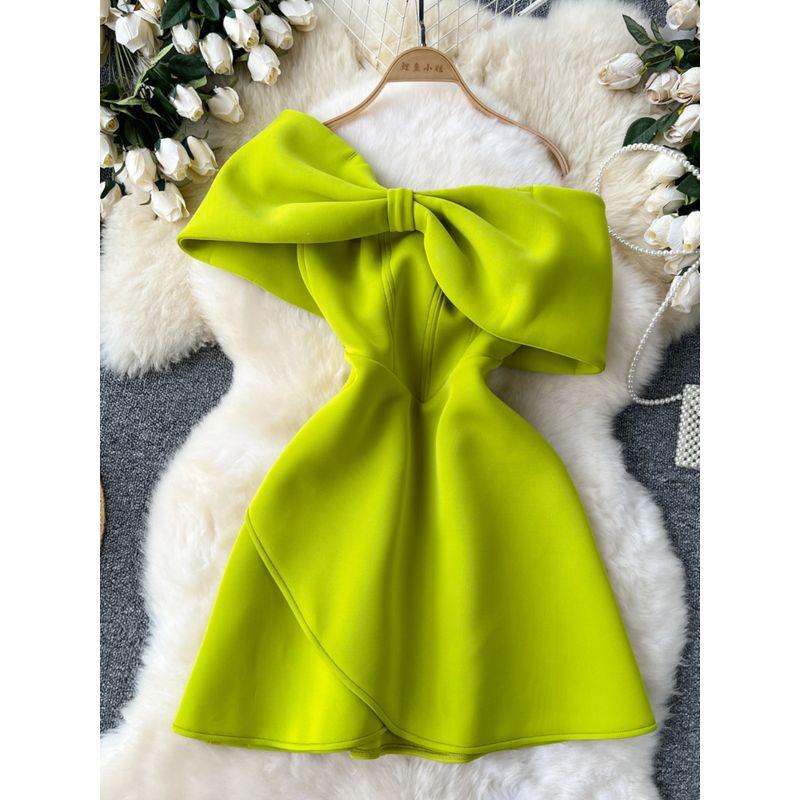 Fashion Summer Dress for Ladies Elegant Dress Women Sexy Tube Top off-the-Shoulder Bow Waist-Tight Slimming A- line Skirt Dress