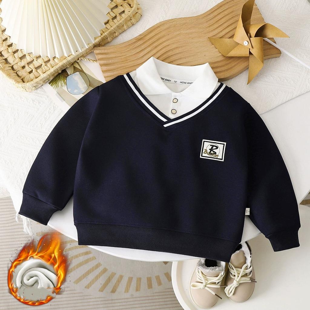 Boys' Lapel POLO Shirt Spring Autumn and Winter Sweaters British Style Fake Two-piece Middle-aged Children's All-match Fashion
