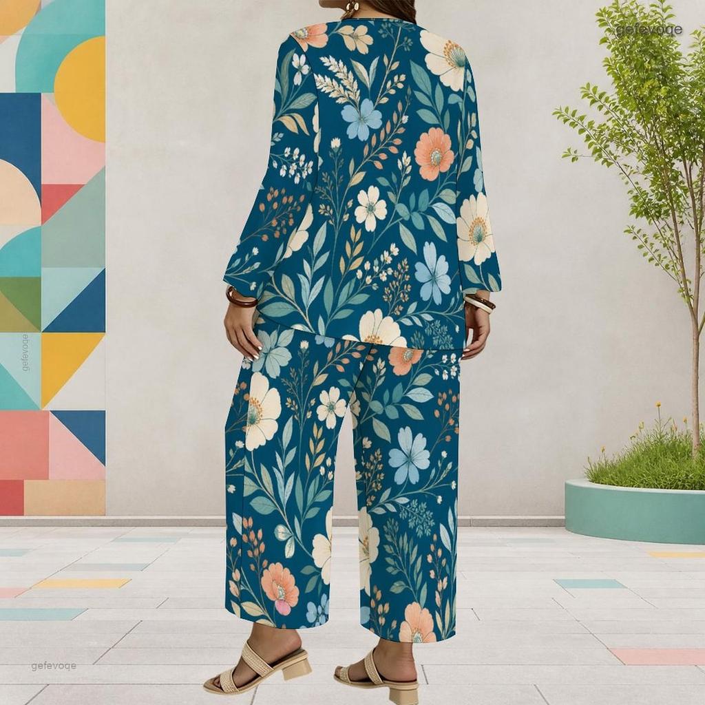 Women Plus Size Round Neck Long Sleeve Floral Printed Layered Top Wide Leg Cropped Pants Two Piece Set