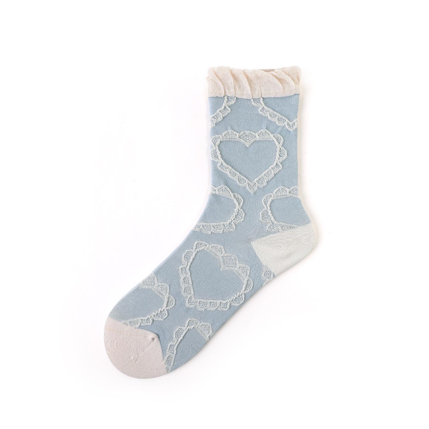 MEIKAN Women s Heart Lace Mid-Calf Socks - Sweet, Versatile, Breathable Cotton for Spring/Summer. One Size for Women светло-синий
