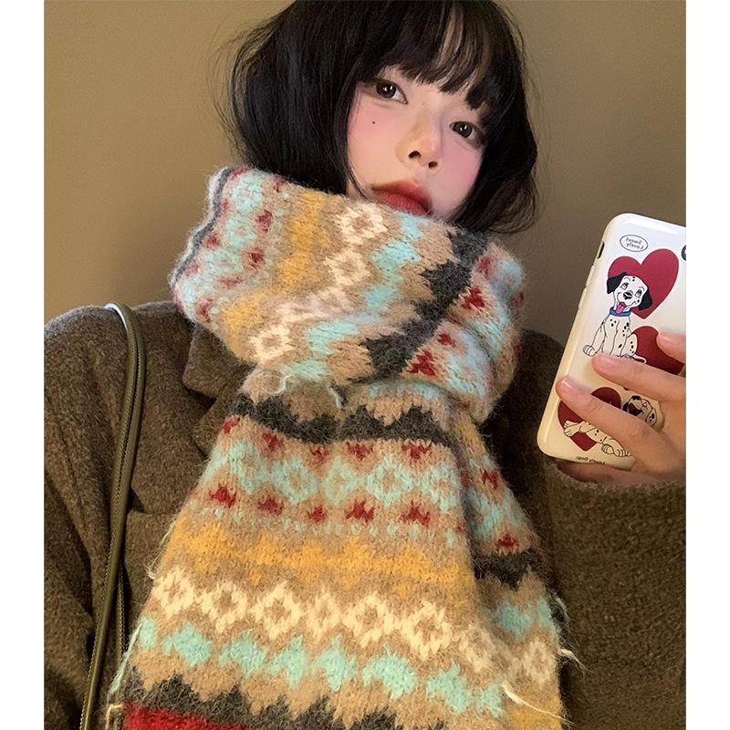 Fair Island Wind Knitted Scarf Women's Autumn and Winter Advanced Sense of Contrasting Colors Thickened Warm Korean Atmosphere Scarf Student