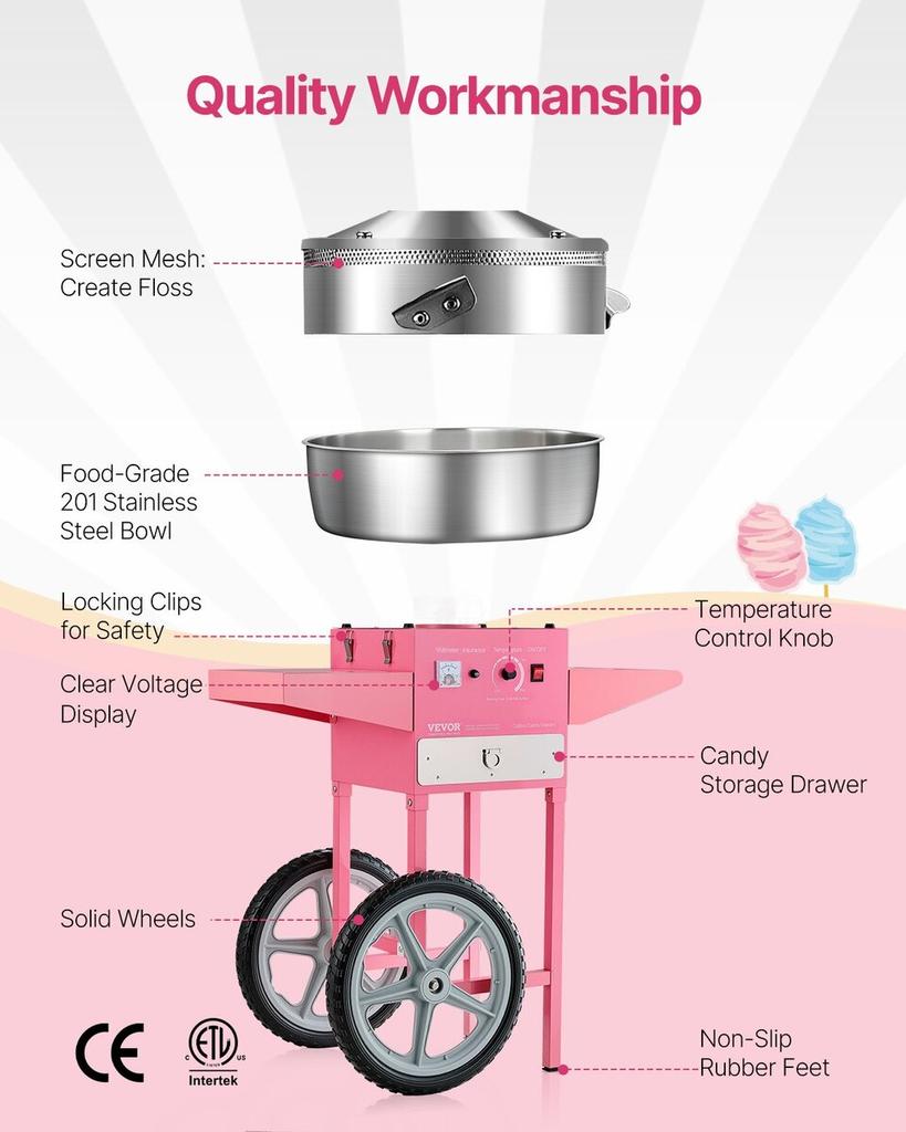 Commercial Cotton Candy Machine with Cart Sugar Floss Maker 1000W Party