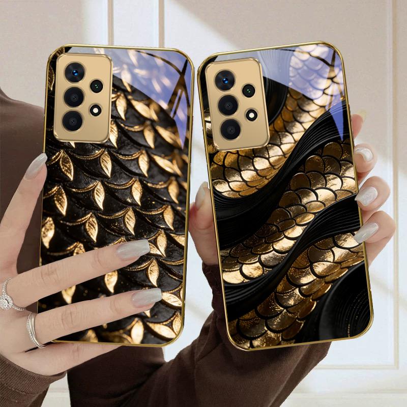 Golden scale texture For Samsung A36 A35 A34 A33 A32 A31 A26 A25 A23 A22 A21s A73 A72 A71 A42 A56 A13 16 Golden glass phone case