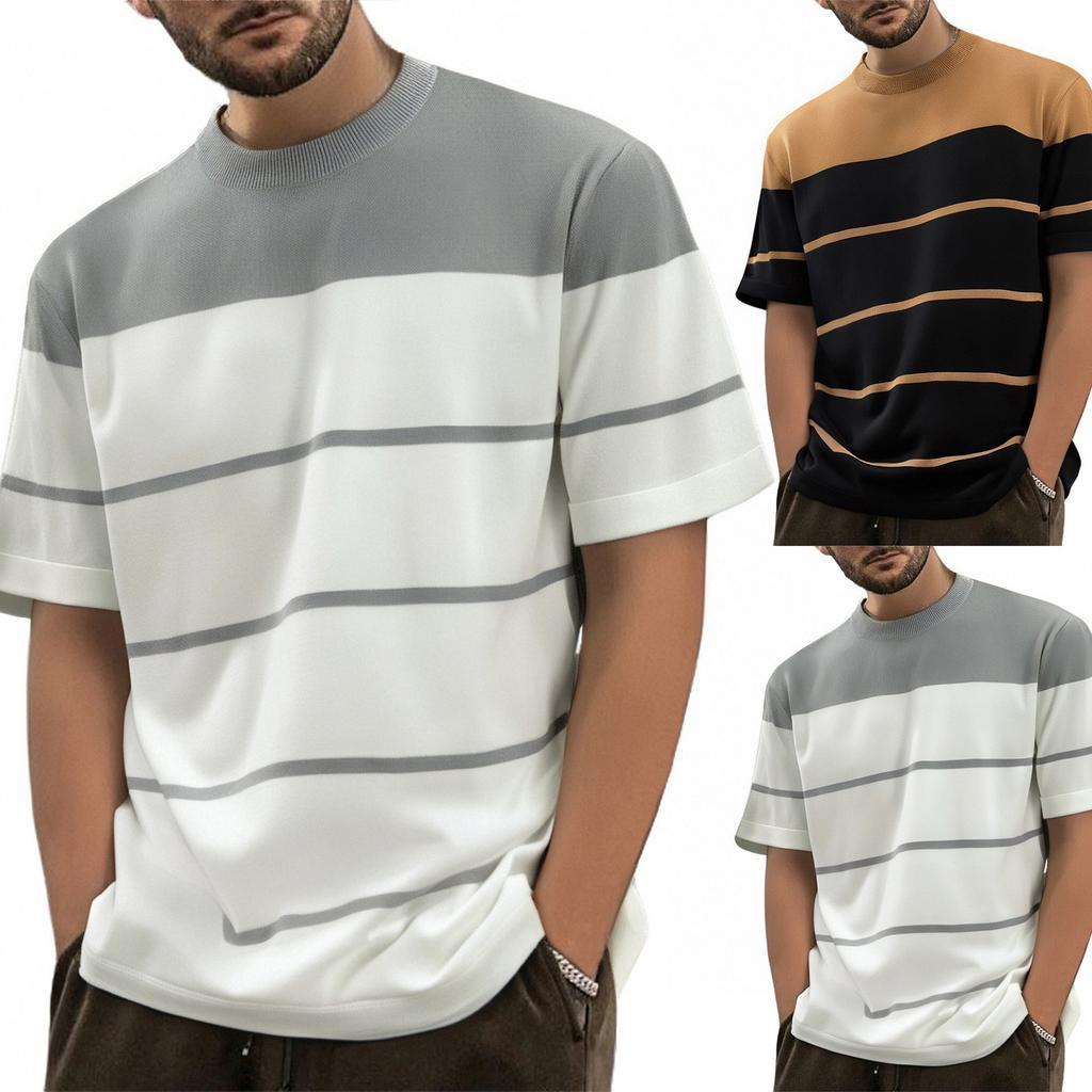 Men's Summer Color - Blocked Knitted Short - Sleeve T - Shirt, Fashionable Striped, Trendy, Casual Round - Neck, Slim - Fit, Versatile Top For Men