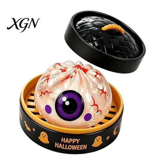 Portable Decompression Tool 1/5/6Pcs Halloween Dumpling Squeezing Toy with Steamer, Pumpkin Ghost Eyeball Skeleton Bun Stress Relief for Kids Adults,
