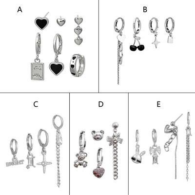 Retro Earrings Set Distressed Silver Color Metal Tassel Chain Earring Irregular Geometric Hoop Earrings for Women Girl
