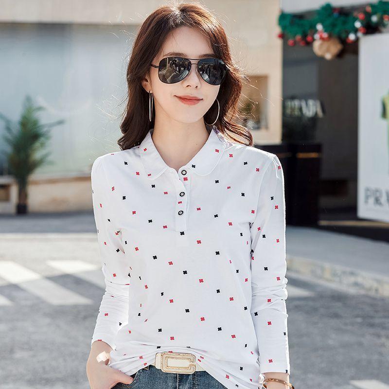 Women's Polo Neck Long Sleeve Regular Fit Top Casual Floral Print Button Down T-Shirt