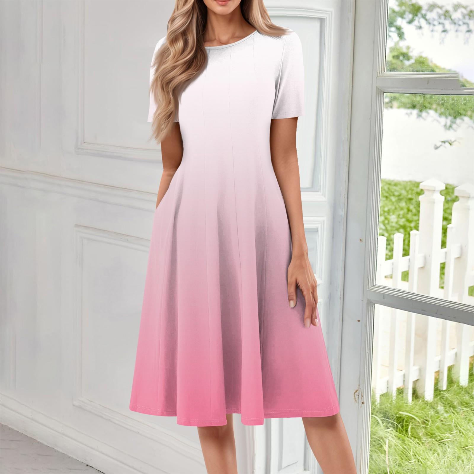 

Женское повседневное модное платье с круглым вырезом и коротким рукавом средней длины с градиентом XXXL светло-розовый