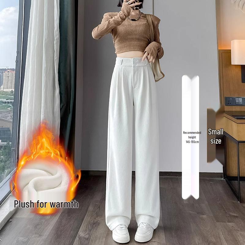 145cm Fleece-Lined High-Waisted Wide-Leg Chenille Pants - Women's XS, Petite, Black, Casual Autumn/Winter