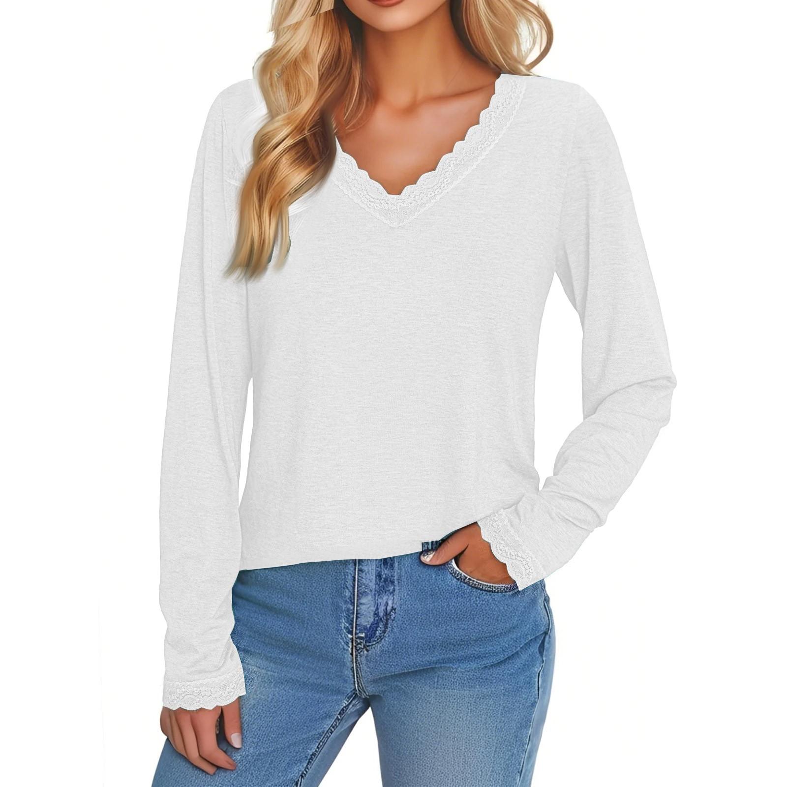 

Женская повседневная мода с длинным рукавом, однотонная кружевная отделка, V-образный вырез, облегающий топ с Т-образными рукавами XL белый