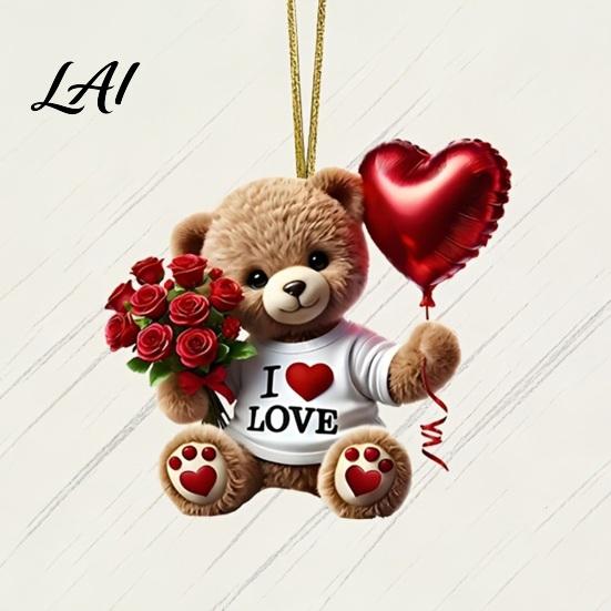Heart Balloon Hanging Decoration Teddy Bear Ornament Holding Red Rose Bouquet Decoration Cute Backpack Charm Car Rearview Mirror 2D Flat Acrylic