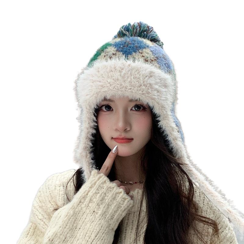 Women'S Plaid Knit Aviator Hat Fair Isle Design Winter Cap With Ear Flaps For Cold Weather Slimming Beanie Female