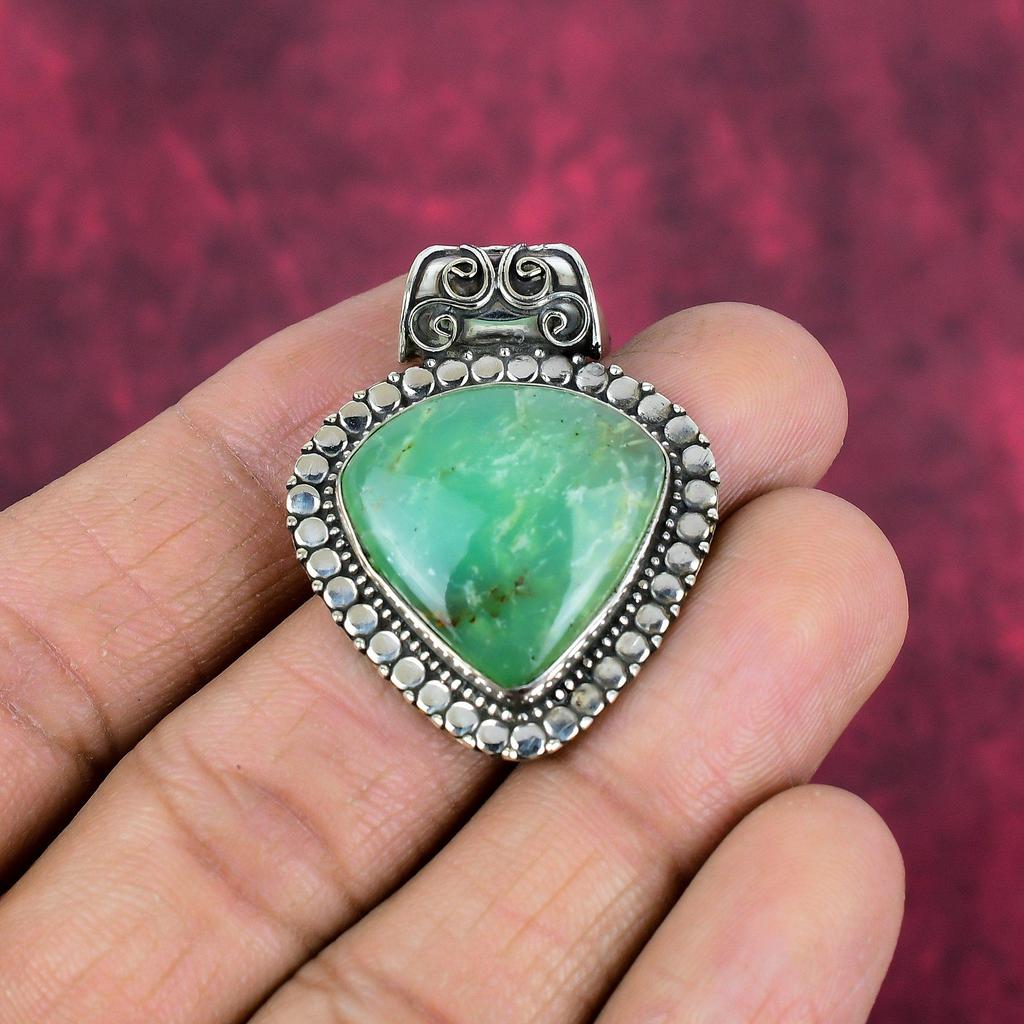 Lemon Chrysophrase 925 Solid Sterling Silver Pendant, Handmade Gemstone Pendant , Gift For Mom Antique Jewelry