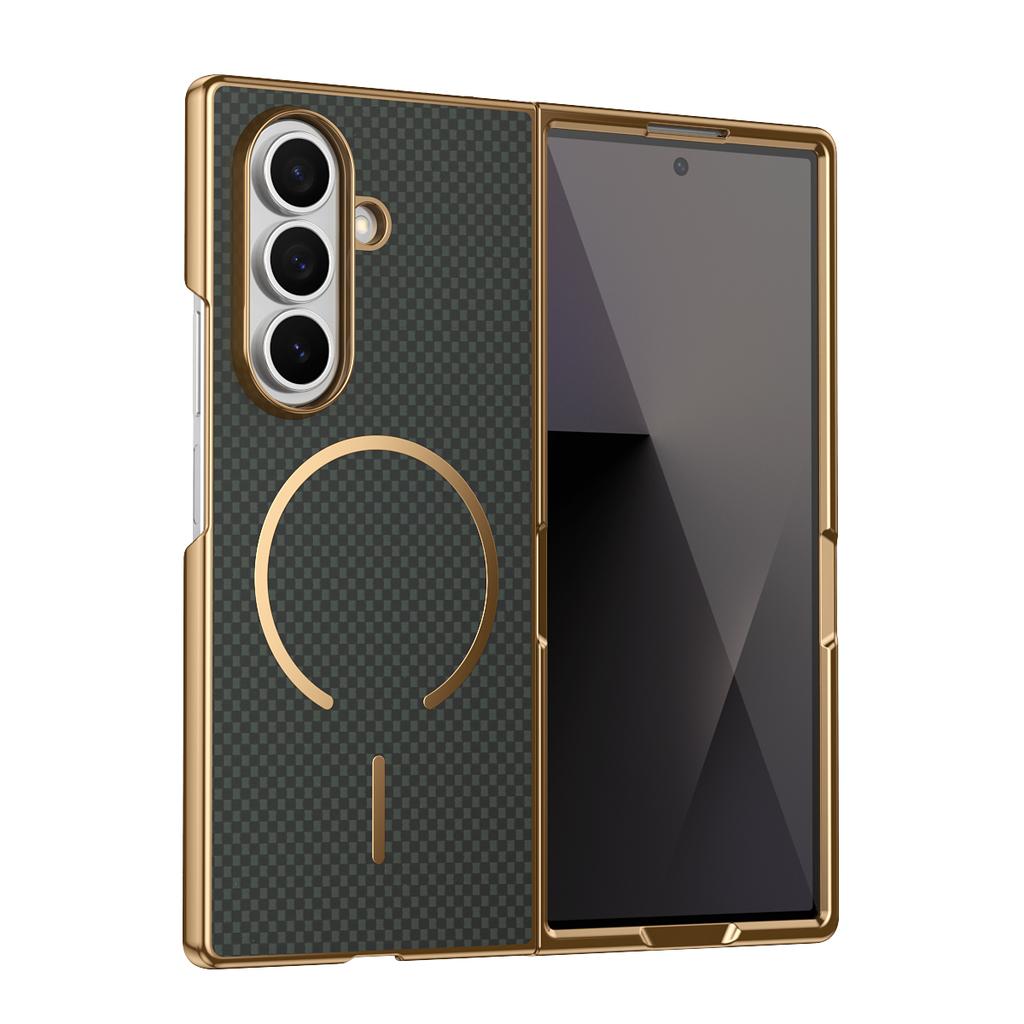 Plating Kavlar Magnetic Phone Case for Galaxy Z Fold 7/6 with Wireless Charging Compatible with Samsung -Includes Tempered Glass