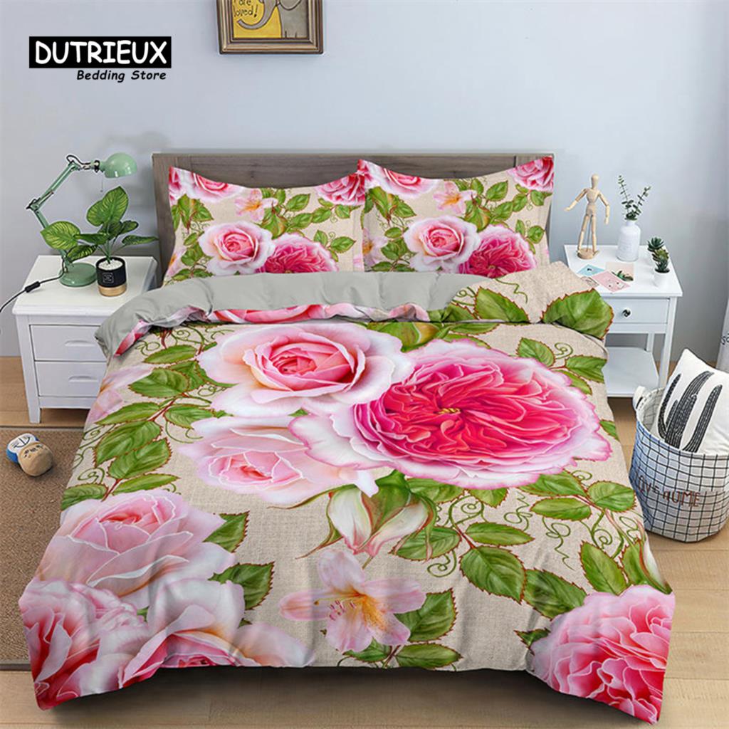 Romantic Flower Duvet Cover Rose Floral Bedding Set Microfiber Comforter Cover King For Girl Women Wedding Valentine's Day Decor