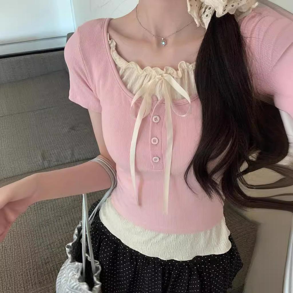 Threaded lace fake two-piece short-sleeved T-shirt women's summer new Korean version slim-fit design T-shirt top