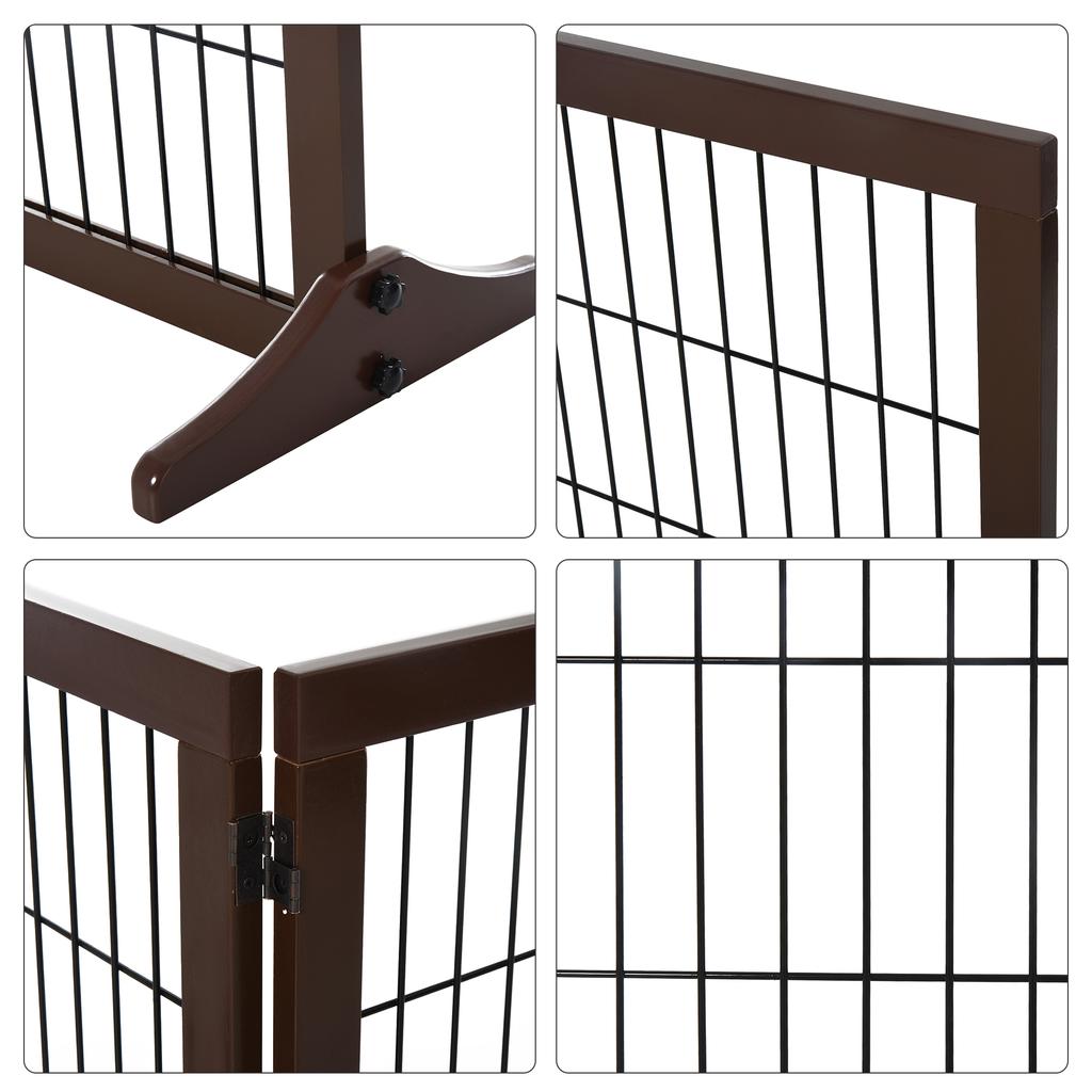 Freestanding Dog Gate 3 Panel Safety Pet Barrier Foldable W/ Support Feet Brown 185 X71 Cm
