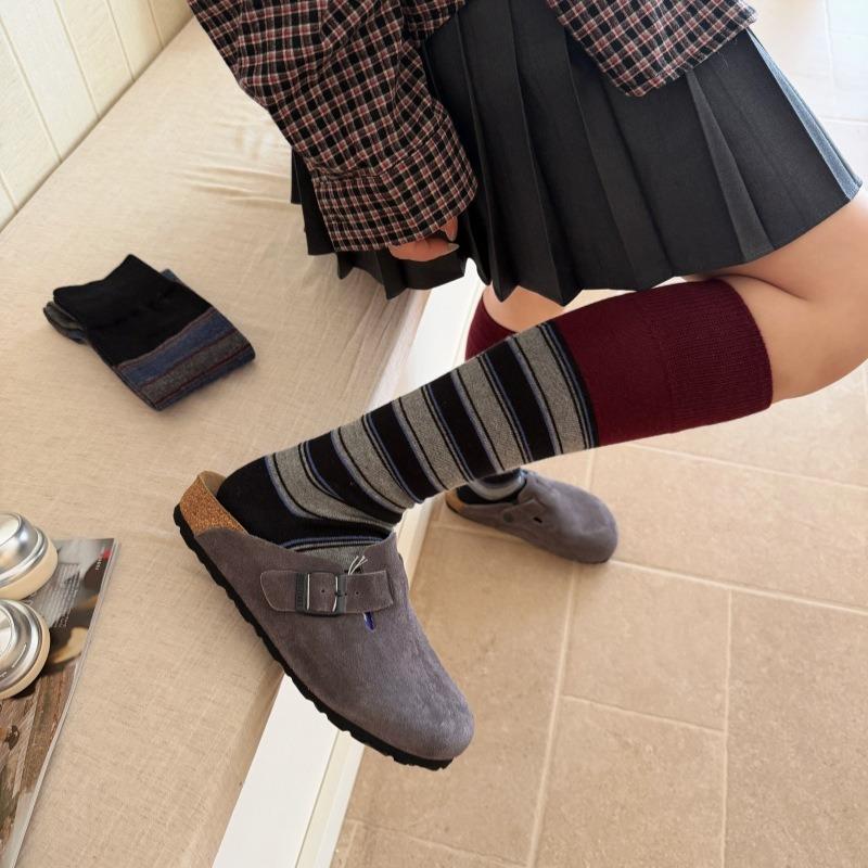 Color-block socks for women, autumn/winter vintage color-blocked striped calf socks, INS trendy Melard long leg cuff socks