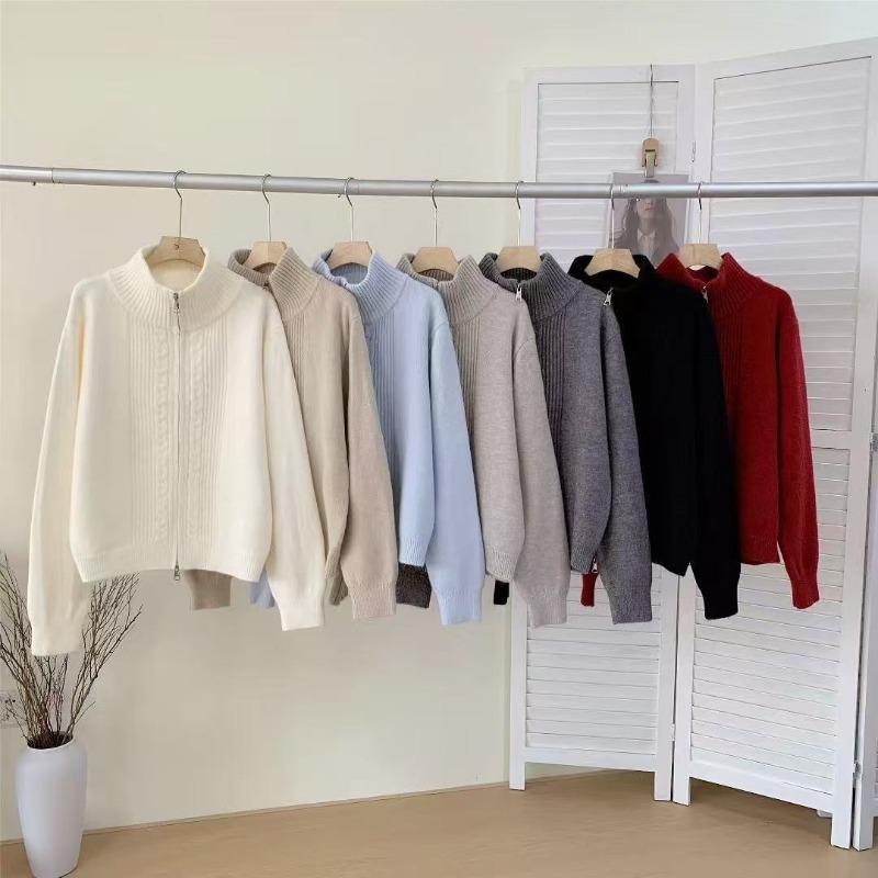 New twist woven stand-up collar double zipper design sense solid color versatile loose cardigan jacket women